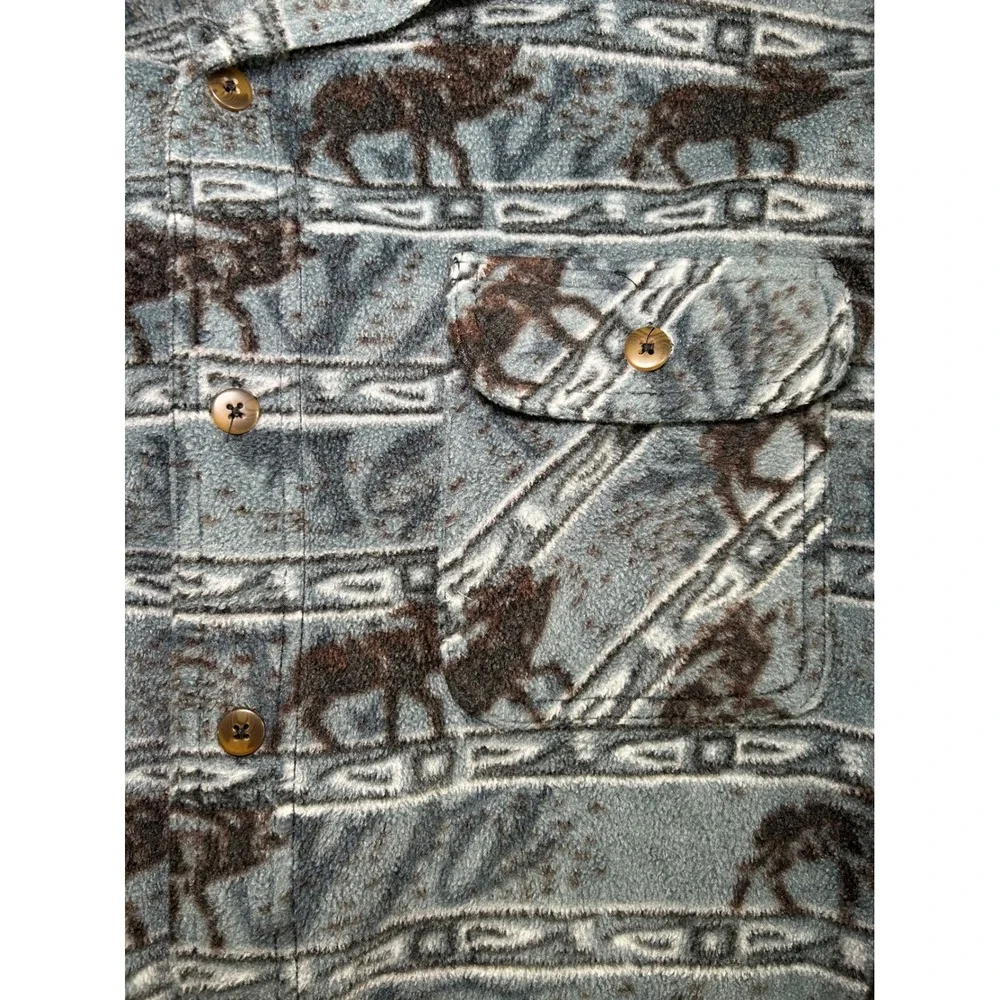 Vintage Marino Bay Fleece Jacket Womens L Blue Horse Print Long Sleeve Button